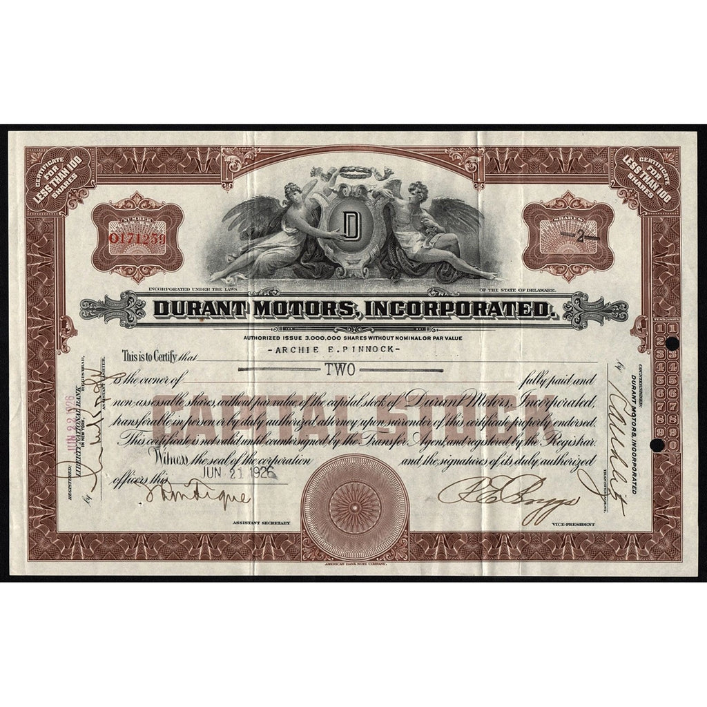 Durant Motors Incorporated 1926 Stock Certificate
