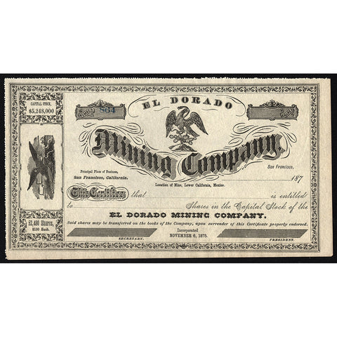 El Dorado Mining Company California Stock Certifica
