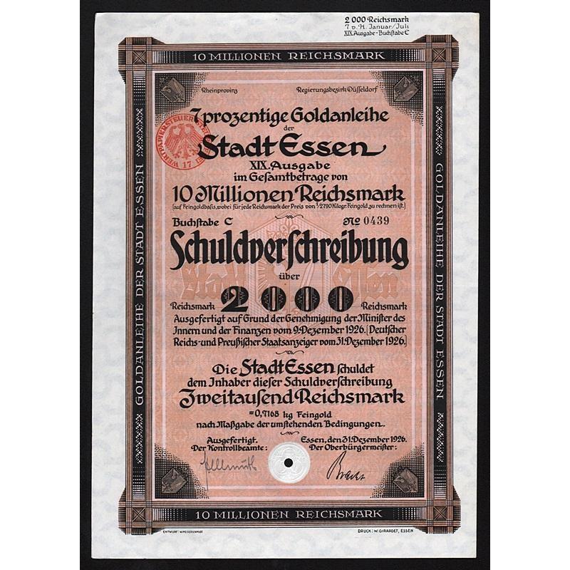 7 prozentige Goldanleihe der Stadt Essen (Gold Bond) 1926 Germany Stock Certificate