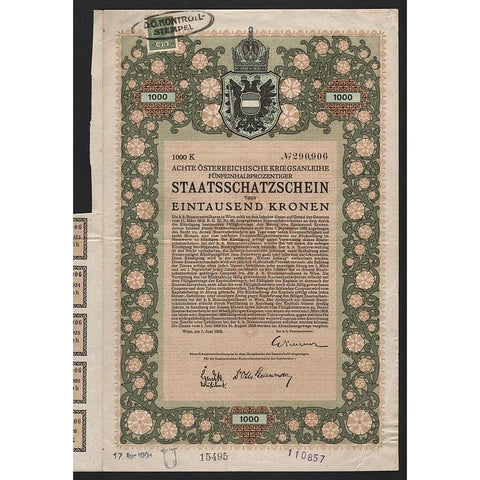 Achte Österreichische Kriegsanleihe 1918 Austria Stock Certificate