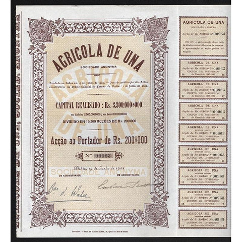 Agricola de Una Sociedade Anonyma Stock Certificate