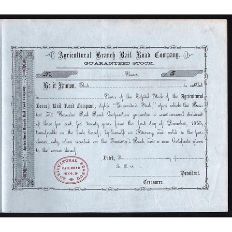 Agricultural Branch Rail Road Company Stock Certificate