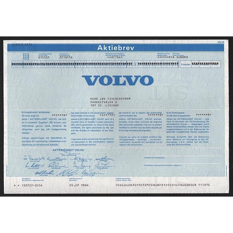 Aktiebolag Volvo Aktiebrev Sweden Stock Certificate Automobiles