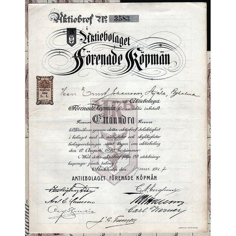Aktiebolaget Förenade Köpmän Stock Certificate