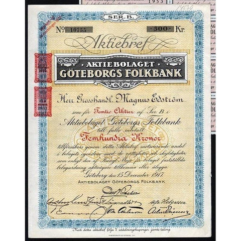 Aktiebolaget Göteborgs Folkbank Stock Certificate