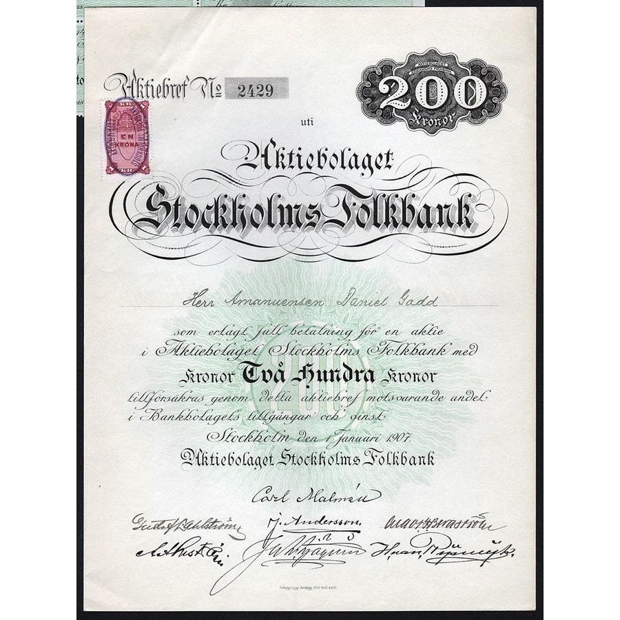 Aktiebolaget Stockholms Folkbank Stock Certificate