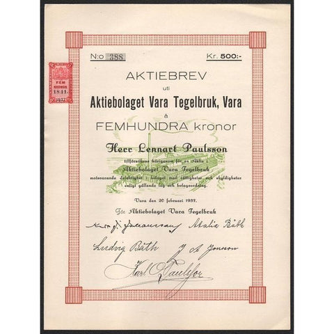 Aktiebrev uti Aktiebolaget Vara Tegelbruk, Vara Stock Certificate