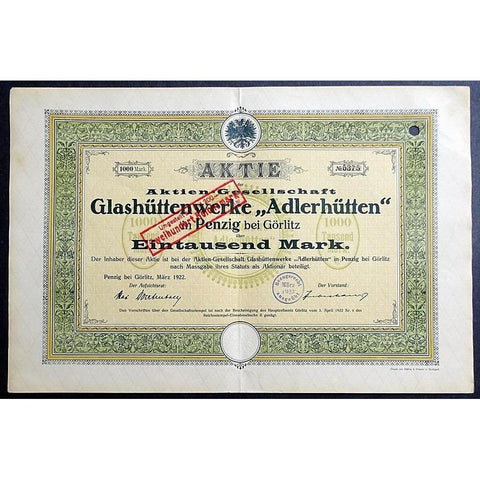 Aktien-Gesellschaft Glashüttenwerke "Adlerhütten" in Penzig bei Görlitz Stock Certificate