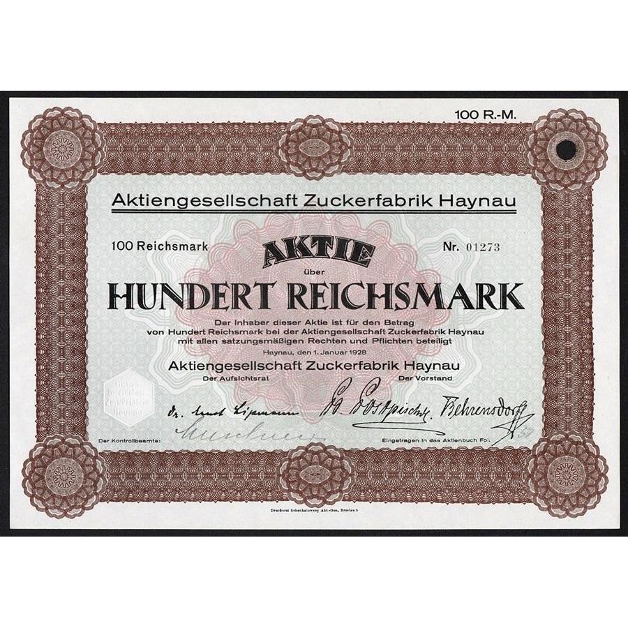 Aktiengesellschaft Zuckerfabrik Haynau Stock Certificate