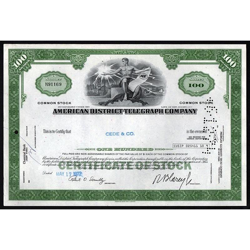 American District Telegraph Company (ADT Security) Stock Certificate