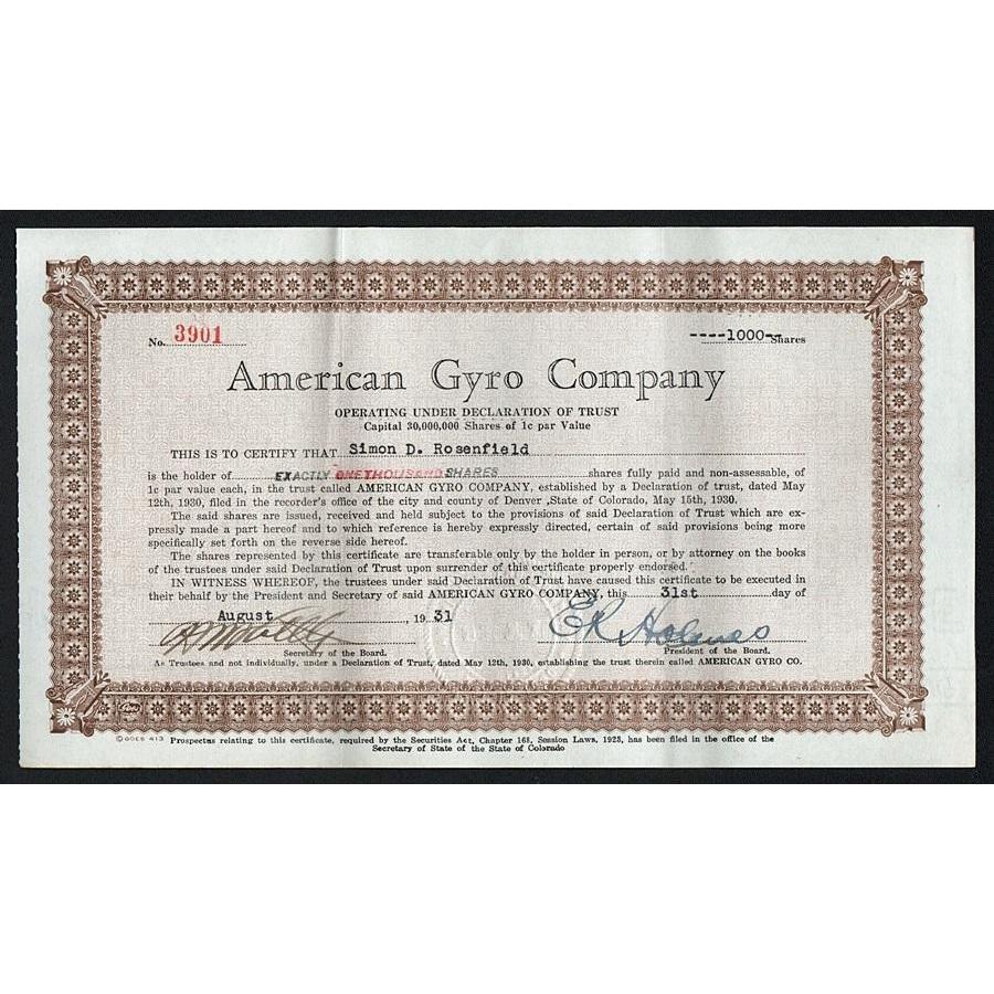 American Gyro Company Stock Certificate