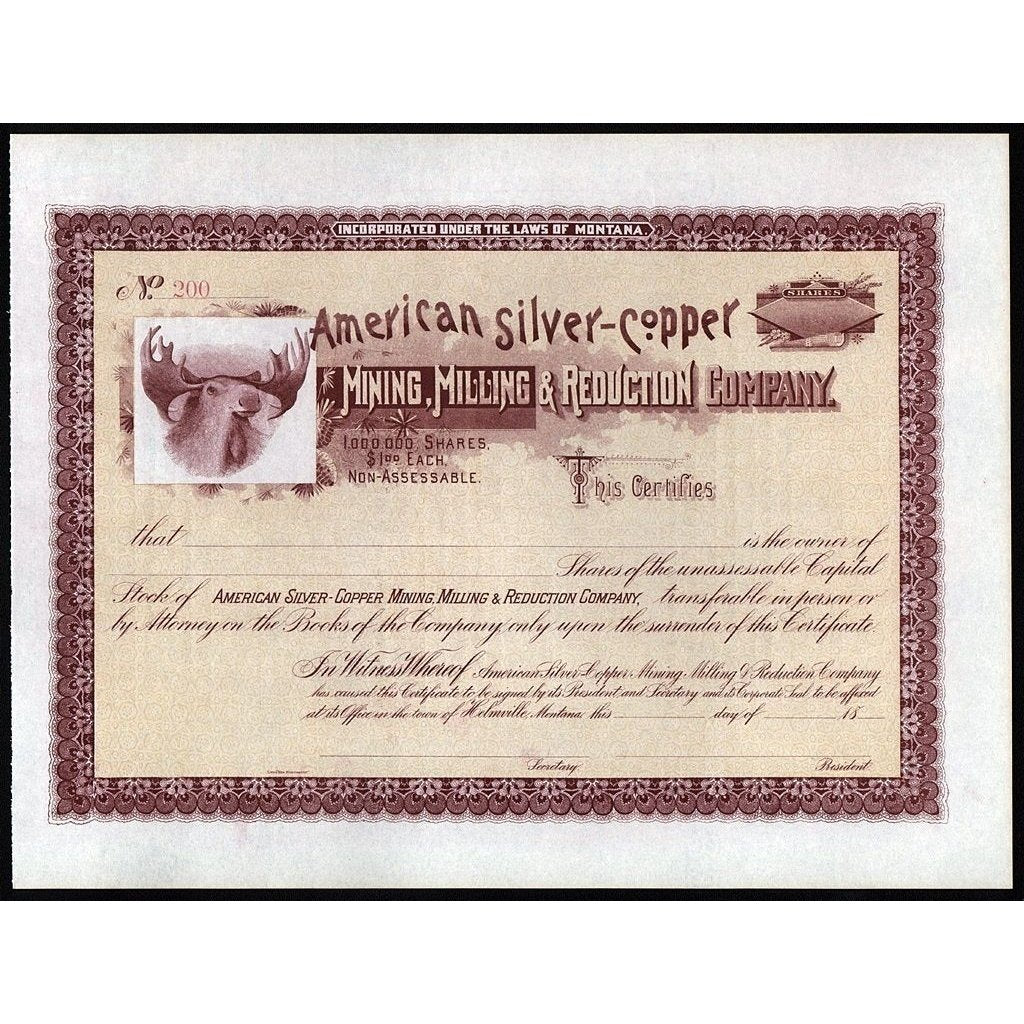 American Silver-Copper Mining, Milling & Reduction Company Stock Certificate