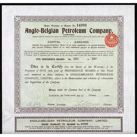 Anglo-Belgian Petroleum Company, Limited Stock Certificate