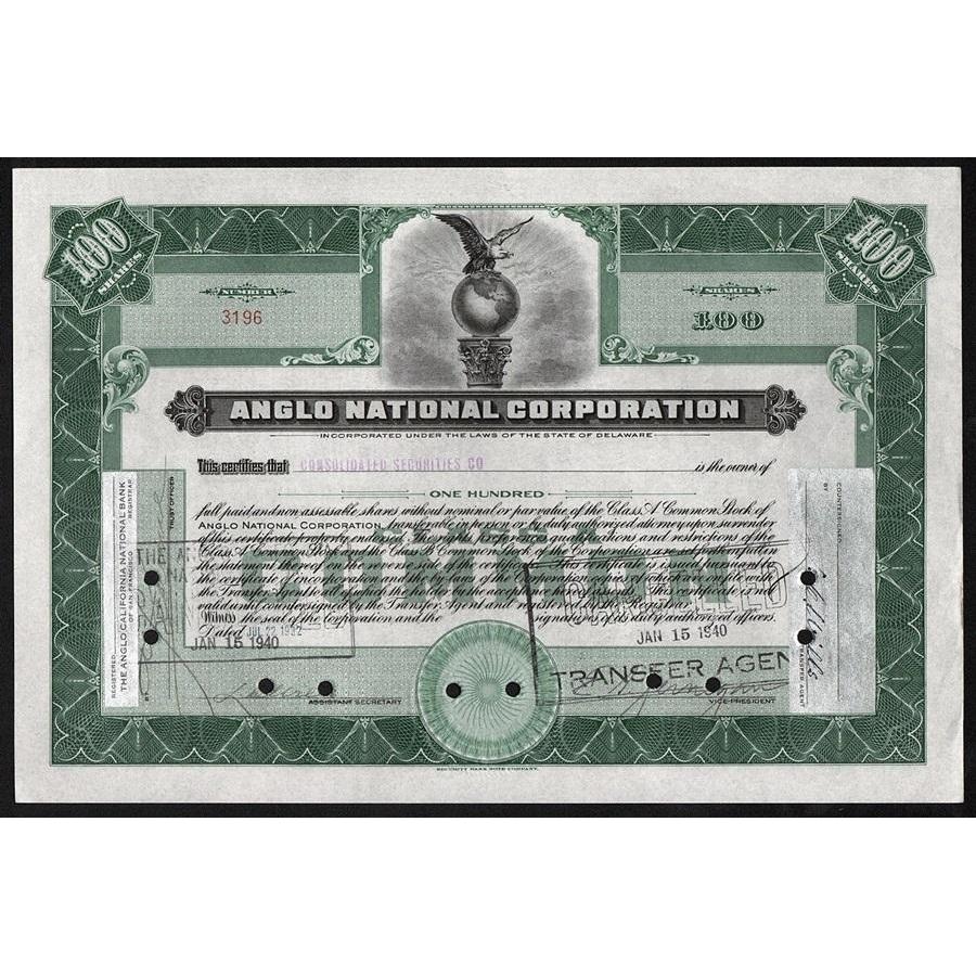 Anglo National Corporation Stock Certificate