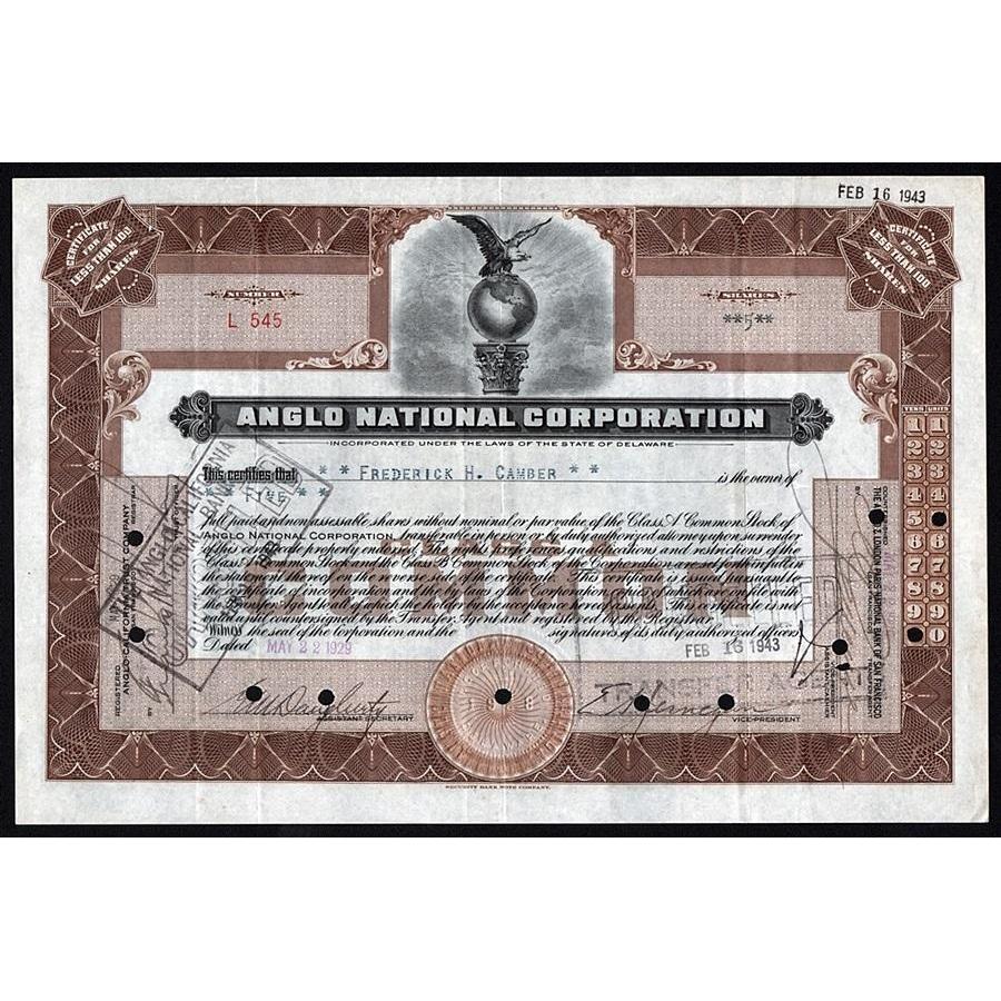 Anglo National Corporation Stock Certificate