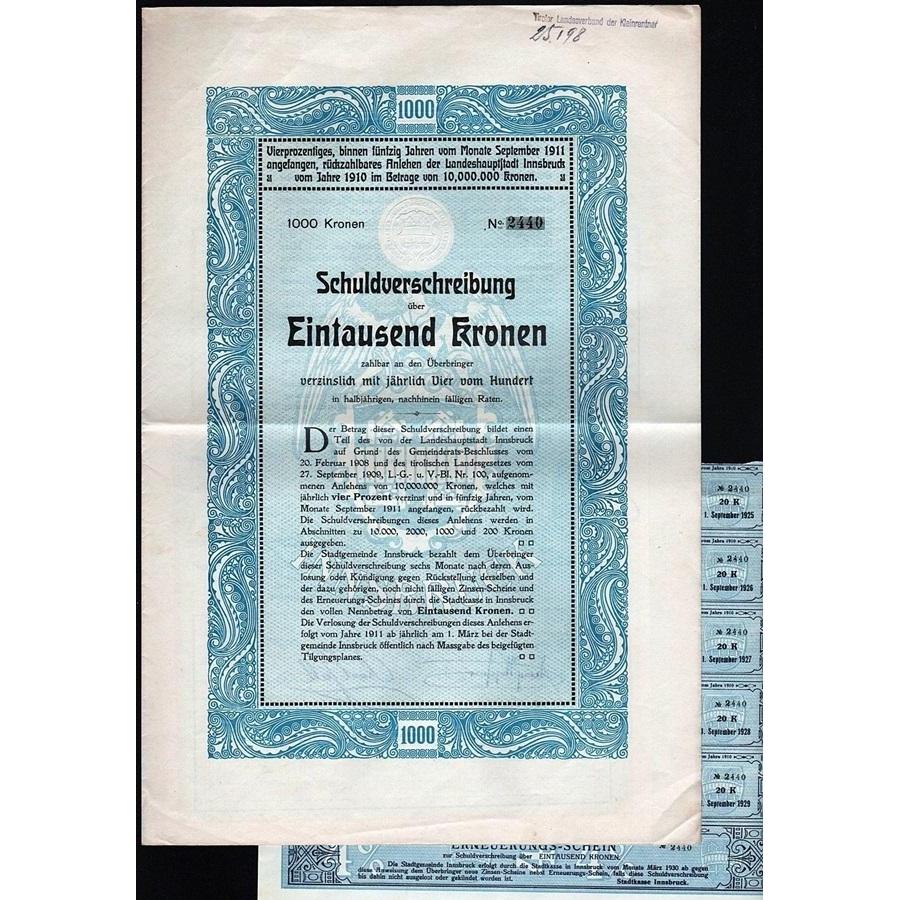Anlehen der Landeshauptstadt Innsbruck vom Jahre 1910 Austria Bond Certificate