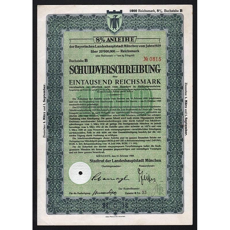 Anleihe der Bayerischen Landeshauptstadt München vom Jahre 1929 Stock Certificate