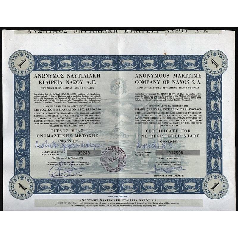 Anonymous Maritime Company of Naxos S.A. Stock Certificate