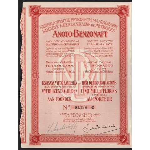 Anoto-Benzonaft, Nederlandsche Petroleum Maatschappy Stock Certificate