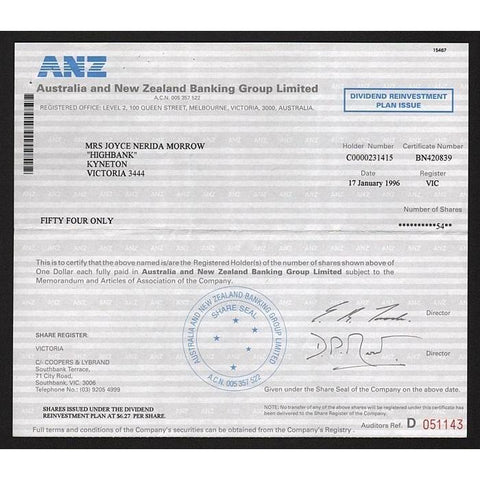 ANZ, Australia and New Zealand Banking Group Limited Stock Certificate