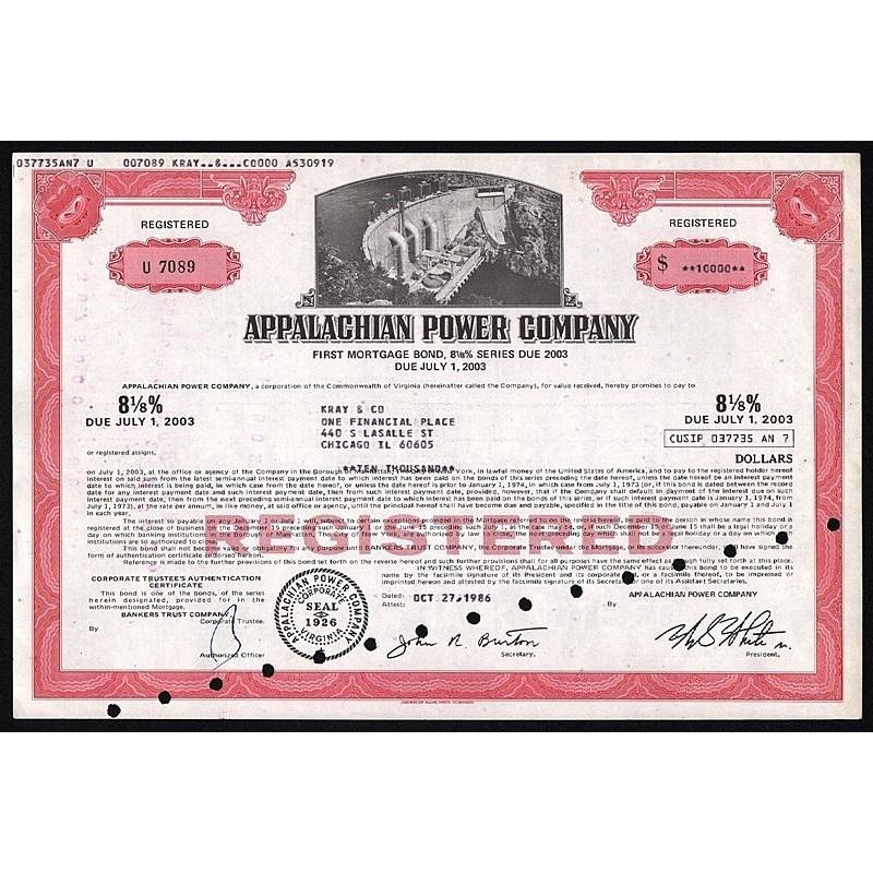 Appalachian Power Company Stock Certificate