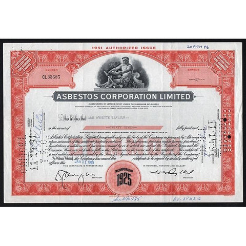 Asbestos Corporation Limited Stock Certificate