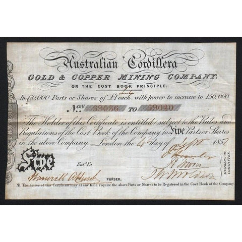 Australian Cordillera Gold & Copper Mining Company Stock Certificate