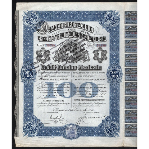 Banco Hipotecario de Credito Territorial Mexicano, S.A Stock Certificate