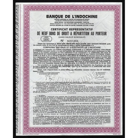 Banque de l'Indochine Stock Certificate