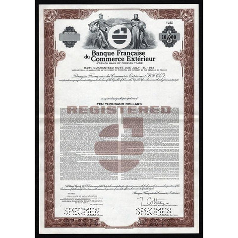 Banque Francaise du Commerce Exterieur / French Bank of Foreign Trade (Specimen) Stock Certificate