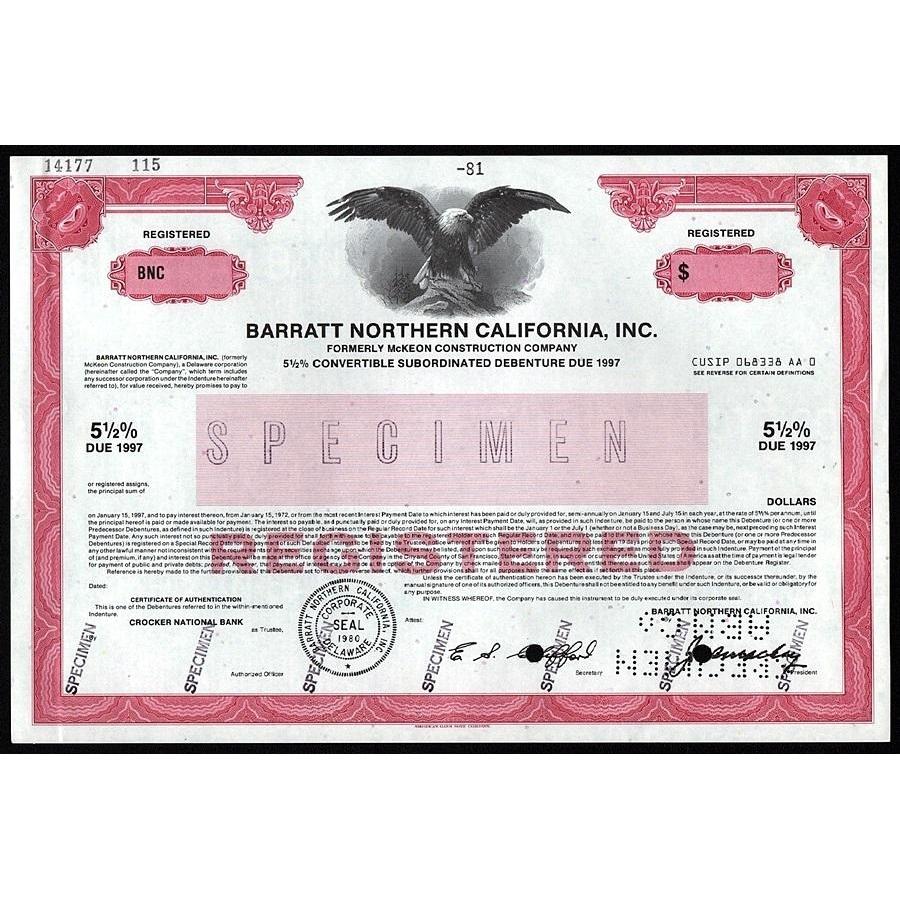 Barratt Northern California, Inc. (formerly McKeon Construction Company) - Specimen Stock Certificate