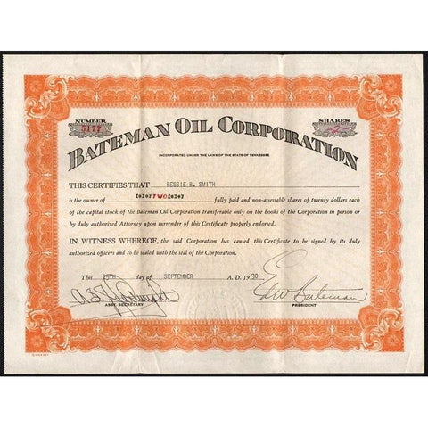 Bateman Oil Corporation Stock Certificate