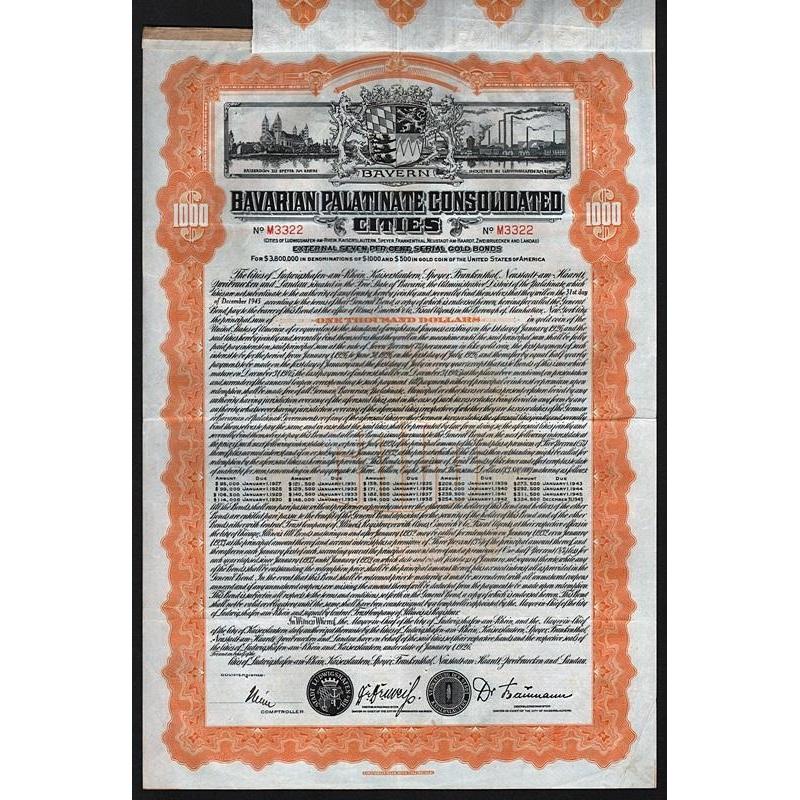 Bavarian Palatinate Consolidated Cities 1926 Germany Gold Bond Certificate
