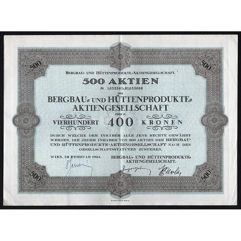 Bergbau- und Hüttenprodukte- Aktiengesellschaft 1924 Austria Stock Certificate