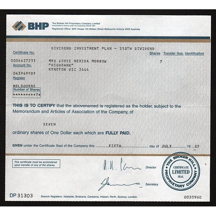 BHP, The Broken Hill Proprietary Company Limited Victoria Australia Stock Certificate