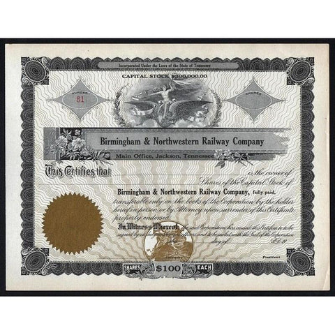 Birmingham & Northwestern Railway Company Stock Certificate
