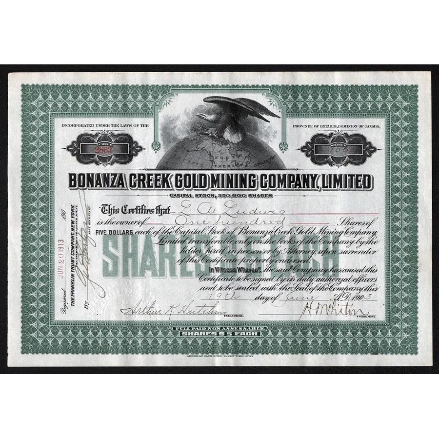 Bonanza Creek Gold Mining Company, Limited (Yukon) Stock Certificate