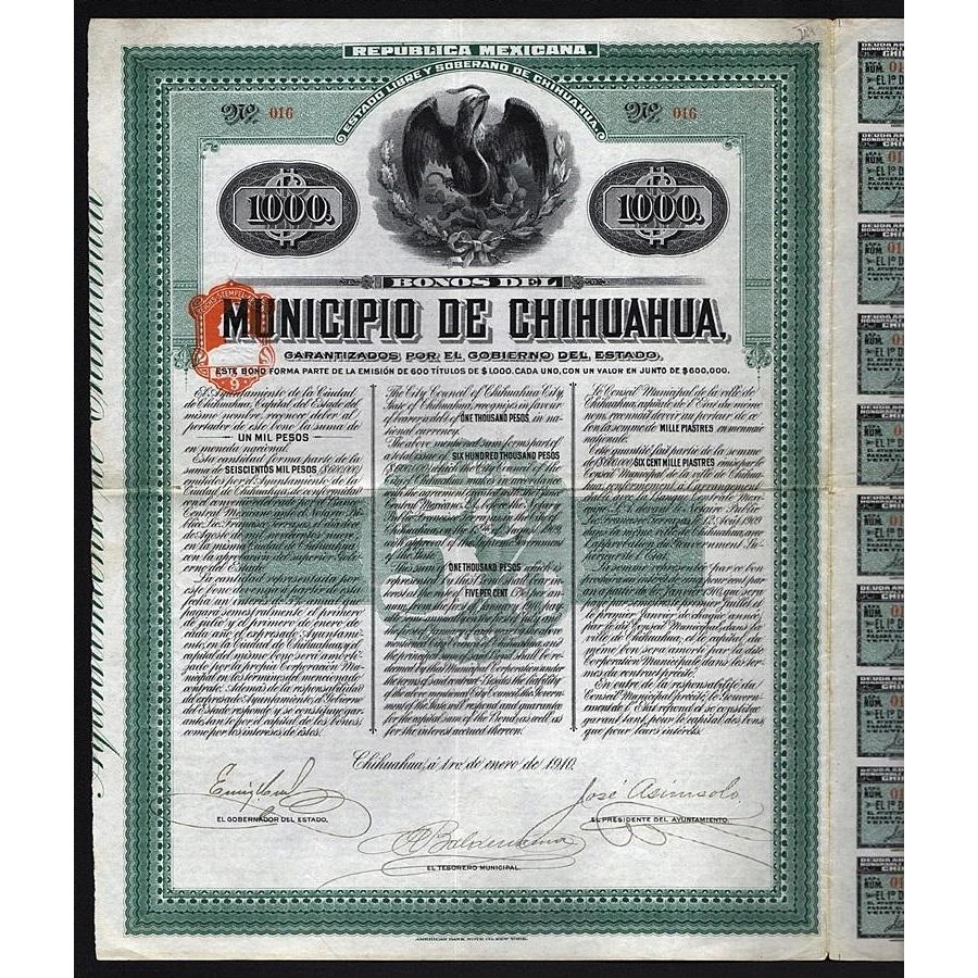 Bonos del Municipio de Chihuahua 1910 Mexico Bond Certificate