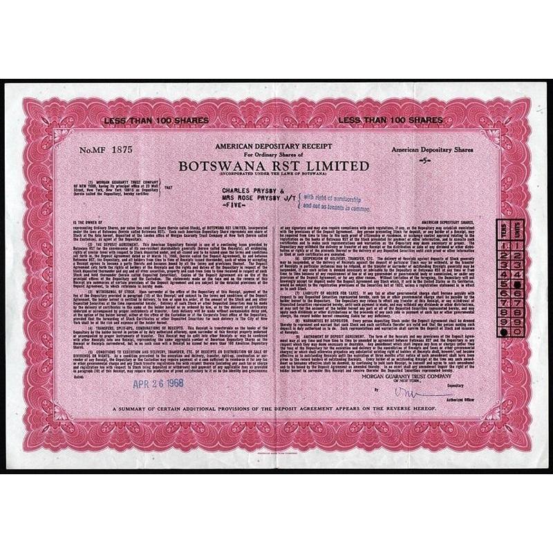 Botswana RST Limited, American Depository Receipt Stock Certificate