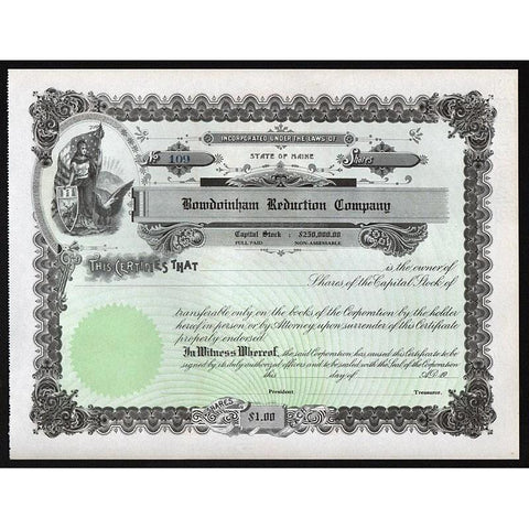 Bowdoinham Reduction Company Stock Certificate