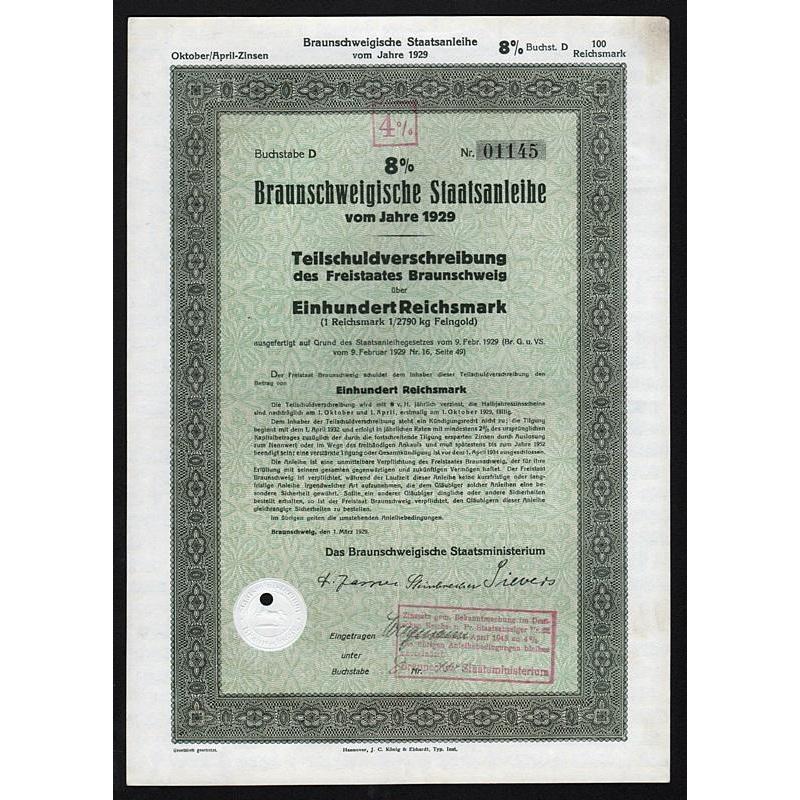 Braunschweigische Staatsanleihe vom Jahre 1929, 100 Reichsmark Stock Certificate