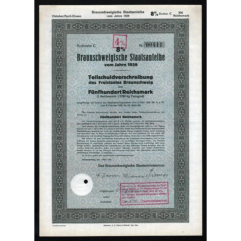 Braunschweigische Staatsanleihe vom Jahre 1929, 500 Reichsmark Stock Certificate