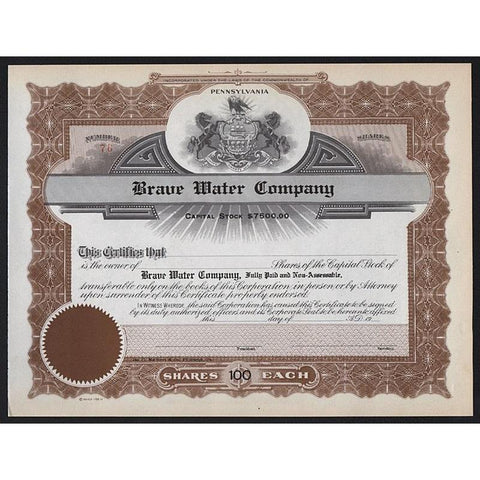 Brave Water Company Stock Certificate
