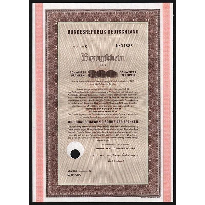 Bundesrepublik Deutschland, Bezugschein über 360 Schweizer Franken Stock Certificate