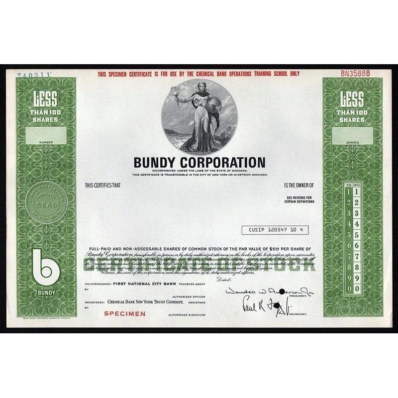 Bundy Corporation (Specimen) Stock Certificate