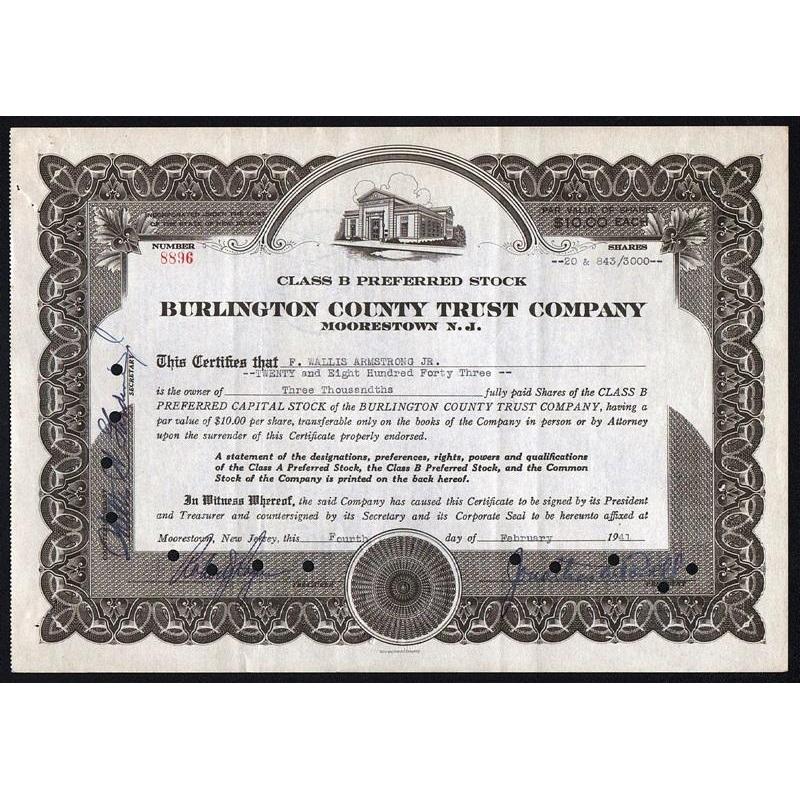 Burlington County Trust Company (Moorestown N.J.) Stock Certificate