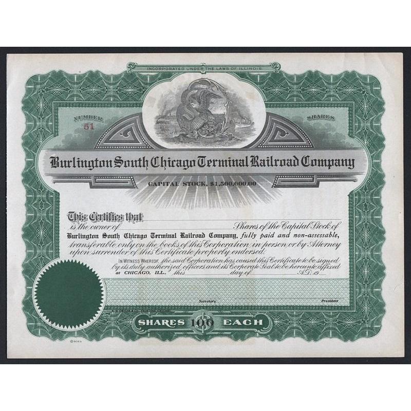 Burlington South Chicago Terminal Railroad Company Stock Certificate