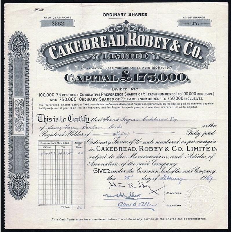 Cakebread, Robey & Co. Limited Stock Certificate