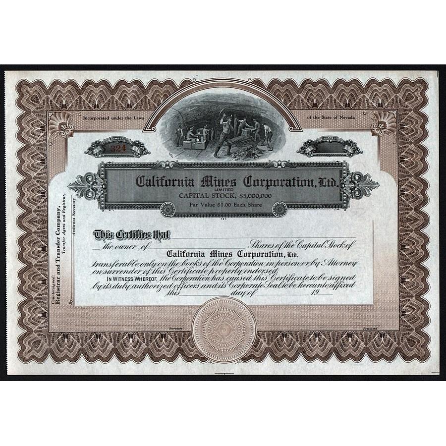 California Mines Corporation, Ltd. Stock Certificate