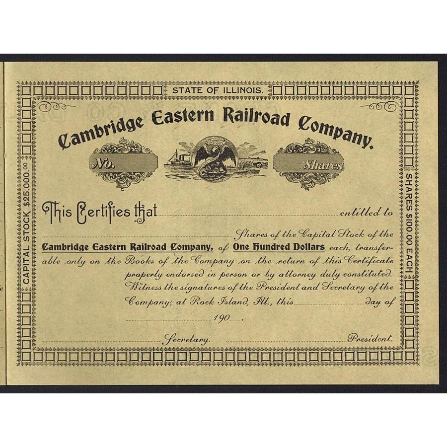 Cambridge Eastern Railroad Company Stock Certificate